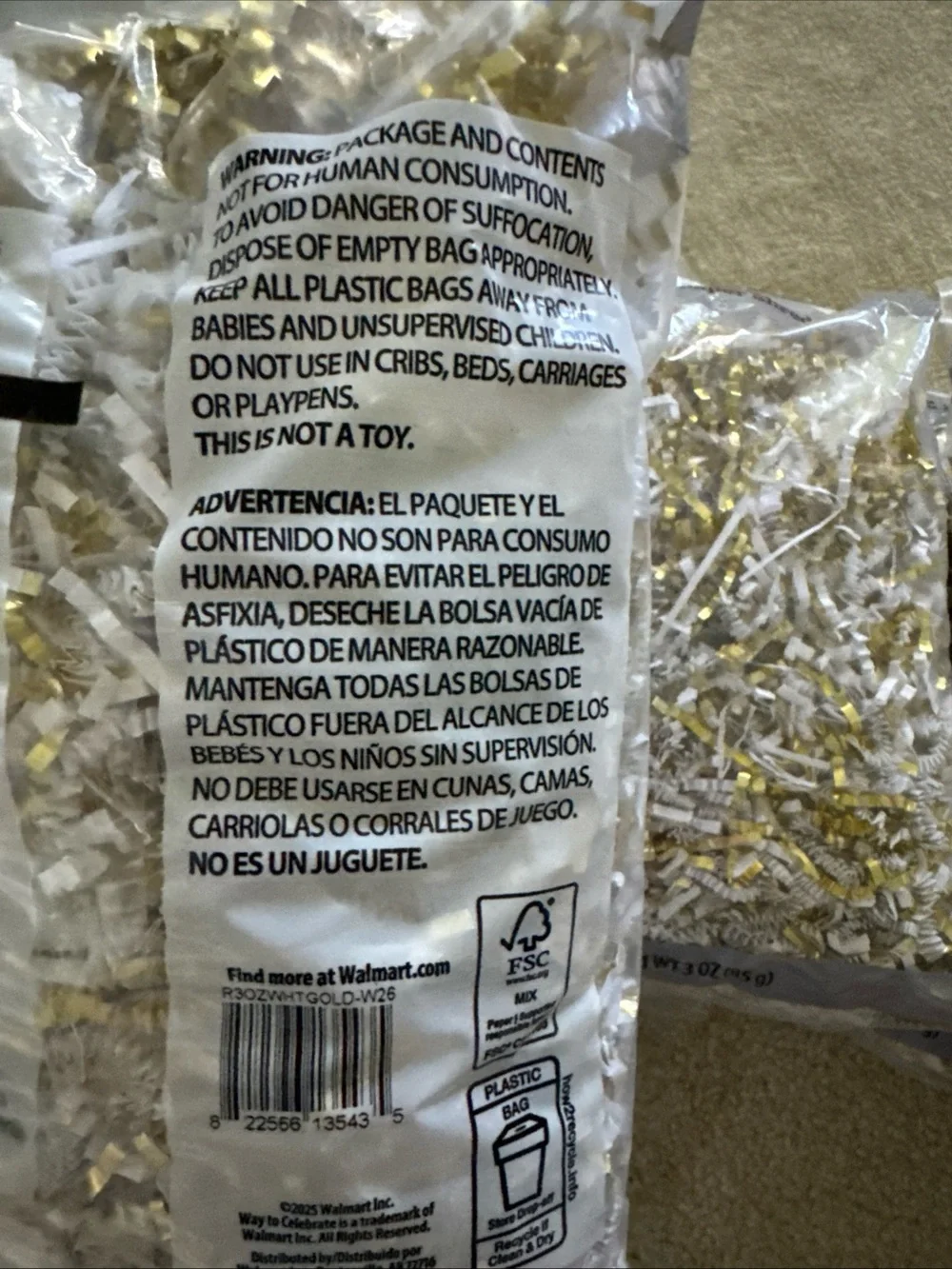 8 bags of White and Gold Paper Shred Filler - 3 oz each